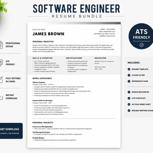 May include: A Software Engineer resume bundle template featuring a clean, professional layout with sections for personal objective, skills, certifications, education, and work experience. Includes a silver pen and icons for ATS friendly design.