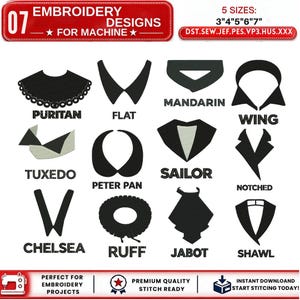 12 Sweatshirt Collar Machine Embroidery Bundle Peter Pan Mandarin Sailor Ruff Jabot Collar Black Tie Embroidery Design PES DST JEF Files