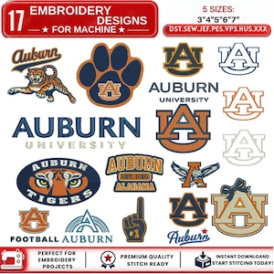 May include: A digital collection of 17 Auburn University embroidery designs for machines, including tiger graphics, paw prints, and various AU logos in orange, blue, and white. Text includes 17 EMBROIDERY DESIGNS FOR MACHINE, 5 SIZES: 3"4"5"6"7", and file formats.