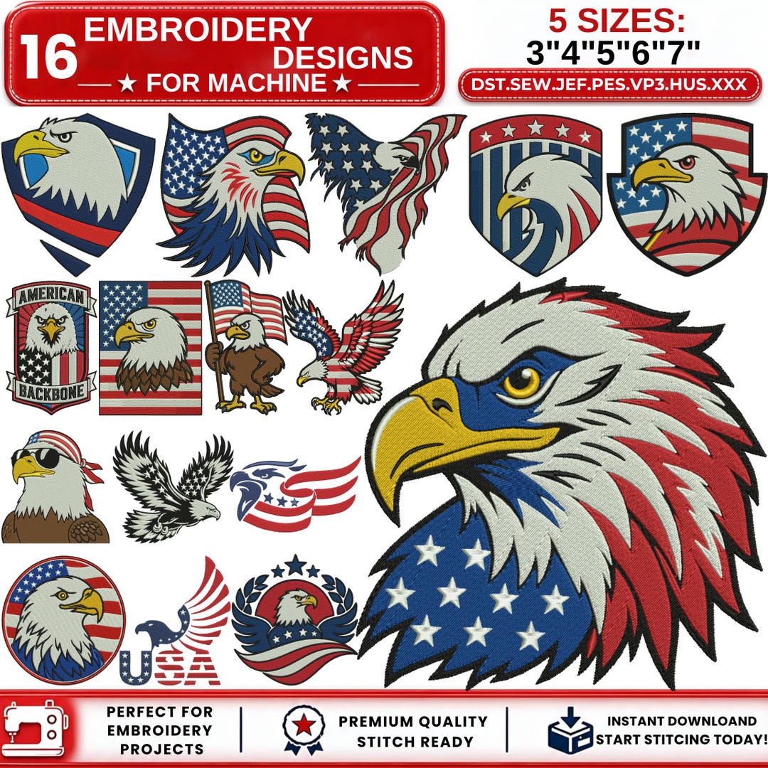 Patriotic Eagle Embroidery Design Bundle, American USA Eagle Flag ...