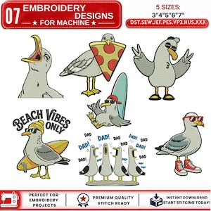 Leuke en grappige meeuwen borduurbundel voor de borduurmachine. Schattige kustvogel, meeuw met bril, strandcartoon, meeuwenliefhebber cadeau, chill bro, digitaal bestand.