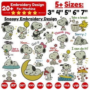 May include: A digital collection of Snoopy embroidery designs for machines, featuring over 20 character poses including sleeping, surfing, and playing guitar. Text includes 'Snoopy Embroidery Design', '5+ Sizes: 3" 4" 5" 6" 7"', and various phrases like 'Thank you' and 'I can do it'.