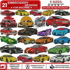Könnte beinhalten: Eine Sammlung von 21 Stickmustern für Maschinen, die verschiedene Automodelle in verschiedenen Farben zeigen. Erhältlich in fünf Größen, von 7,6 bis 17,8 cm. Das Bild enthält den Text "Stickmuster für Maschinen" und "Perfekt für Stickprojekte."