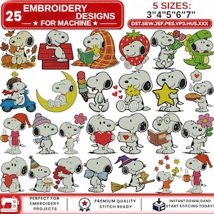 May include: A digital collection of 25 machine embroidery designs featuring the character Snoopy in various activities, including holding flowers, hearts, and books. The text reads 25 EMBROIDERY DESIGNS FOR MACHINE, 5 SIZES: 3"4"5"6"7", and file formats.