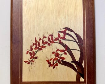 Vintage Orchid Marquetry Wall Art – Exotic Wood Inlay Floral Plaque 8x10