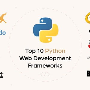 K&ouml;nnte beinhalten: Eine Infografik mit dem Titel Top 10 Python Web Development Frameworks und dem Python-Logo in der Mitte. Um den Titel herum sind die Logos von Tornado, Django, Pyramid, Flask, Web2py, CherryPy, Sanic und Bottle mit ihren Namen angeordnet.
