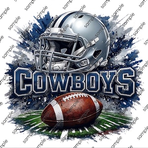 May include: A silver football helmet with a face mask sits above the word COWBOYS in bold blue letters. A brown leather football with white stripes rests on a green field graphic, all set against a dark blue and white paint splatter background.