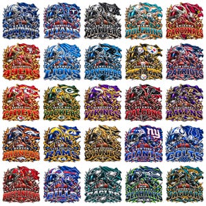 Op de afbeelding: Een verzameling van vijfentwintig individuele grafische illustraties met diverse NFL-teamlogo's, footballhelmen en spelers in actiehoudingen, elk weergegeven in levendige teamkleuren met dynamische, gestileerde belettering voor elke franchise.