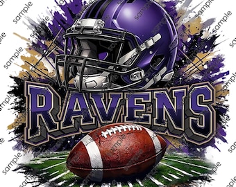 May include: A graphic illustration featuring a purple football helmet with a black face mask positioned above the word RAVENS in bold purple and black lettering. A brown football with white stripes sits in front on a green field background.