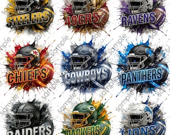 May include: A digital graphic sheet featuring nine American football team designs. Each design includes a team-specific helmet, a football, and a splash of colored paint behind the team name in bold, metallic-style lettering on a white background.