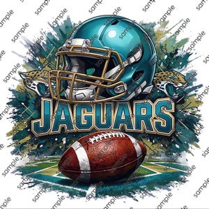 May include: A teal football helmet with a gold face mask sits above the word JAGUARS in bold teal and gold lettering. Below the text, a brown leather football rests on a green field graphic, all set against a teal and gold paint splatter.