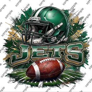 May include: A graphic illustration featuring a dark green football helmet with a white stripe and a black face mask positioned above the word JETS in bold, block lettering. A brown football with white laces sits below the text on a green field.