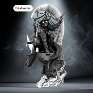 May include: A monochromatic figurine of a masked character in a trench coat and fedora, crouching on a stone base with a crescent moon and spiderweb backdrop. The character holds a revolver, features glowing white eyes, and stands above smoke.