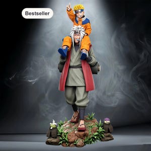 May include: A detailed figurine featuring two anime characters. One character, with white hair and a red coat, carries another character on his shoulders. The second character, with blonde hair and an orange outfit, points upwards. The base includes two small figures and the word "Bestseller".