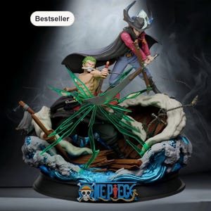 May include: A detailed figurine of two anime characters in action poses, holding swords. One character has green hair and is shirtless, the other wears a hat and cape. The base features a water and wood design, with the text "ONE PIECE".
