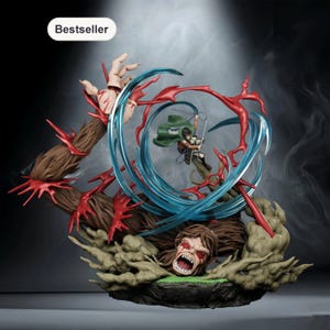 May include: A detailed figurine from the anime series, "Attack on Titan." The sculpture features a dynamic scene with a character in a green cape, surrounded by blue energy effects, and a titan with an open mouth. The word "Bestseller" is in the top left corner.