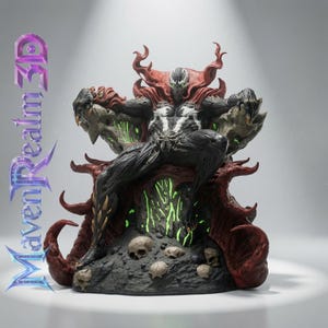 May include: A detailed Spawn figurine sitting on a throne of rock and skulls, featuring a flowing red cape, black suit with white chest emblem, and glowing green accents. The text MavenRealm 3D is visible on the left side of the image.