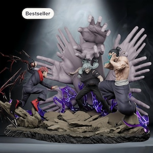 May include: A detailed figurine featuring three characters in dynamic poses, set against a backdrop of large, stylized hands. The figures are on a rocky base with purple energy effects. The word "Bestseller" is in the top left corner.