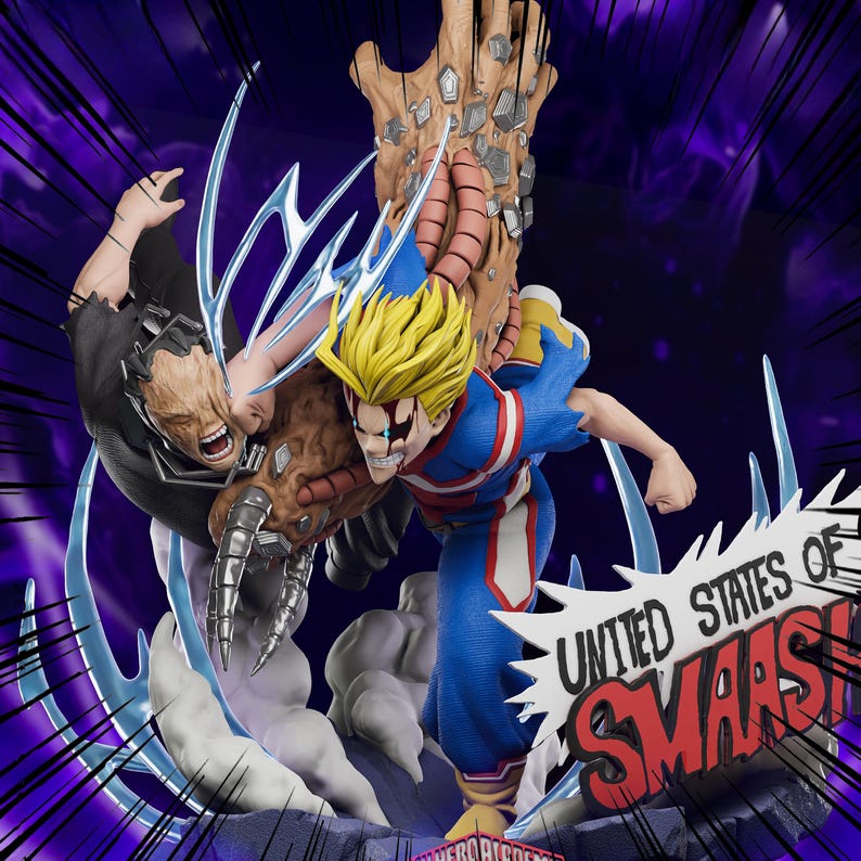 Puede incluir: Figura de acci&oacute;n din&aacute;mica que representa una escena de lucha. Un personaje viste un traje azul y rojo con pelo rubio puntiagudo, el otro va de negro. La base muestra el texto "UNITED STATES OF SMASH!" sobre un fondo morado.
