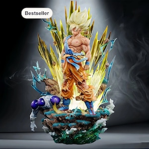 May include: A detailed figurine of a muscular character with spiky blonde hair, wearing an orange and blue outfit, standing on a rocky base. The figure is surrounded by golden energy effects and a defeated purple and white character. The word "Bestseller" is in the top left corner.