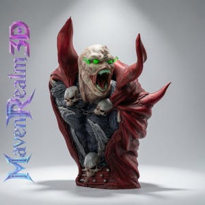 May include: A detailed bust of a creature with pale skin, glowing green eyes, and an open mouth showing sharp teeth. It wears a dark, textured suit with multiple skull accents and a flowing red cape. The text Maven Realm 3D appears on the left.