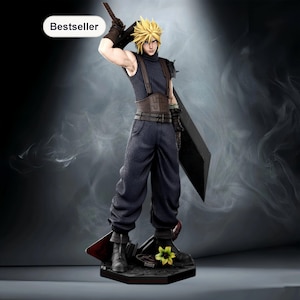 May include: A figurine of a character with spiky blonde hair, wearing a dark blue sleeveless top, pants, and boots. The character is holding a large black sword over their shoulder. The base of the figurine has a yellow flower and the word "Bestseller".