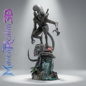 May include: A detailed dark gray Xenomorph figurine standing atop a mechanical base with a cracked glass containment unit and green residue. The text MavenRealm 3D is displayed vertically in a purple and blue gradient on the left side.