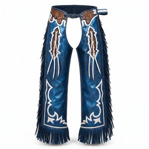 May include: Blue leather chaps featuring intricate brown floral tooling at the waist, white leather trim accents, and long fringe along the outer legs. The garment includes a front buckle closure and white leather lacing details on each leg.