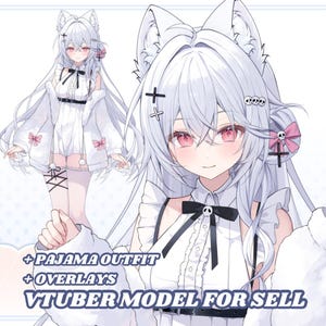 May include: A digital illustration of a character with long white hair, cat ears, and pink eyes, wearing a white ruffled outfit with black bows and skull accents. The text reads +PAJAMA OUTFIT +OVERLAYS VTUBER MODEL FOR SELL.