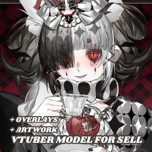 Op de afbeelding: Digitale illustratie van een personage met zwart en wit haar, rode ogen en een gotische esthetiek. Het personage houdt een theekopje en een rode appel vast. De tekst op de afbeelding luidt "+ OVERLAYS + ARTWORK VTUBER MODEL FOR SELL".