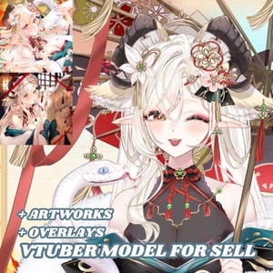 May include: Digital artwork of a character with long white hair, elf ears, and a snake. The character is wearing a black and red outfit with floral accents. Text on the image reads "+ARTWORKS +OVERLAYS VTUBER MODEL FOR SELL".