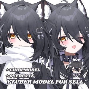 Op de afbeelding: Een digitale illustratie van een personage met zwart haar, kattenoren en amberkleurige ogen, met een witte sjaal of een zwarte halsband met studs. De afbeelding bevat de tekst +CHIBI MODEL +OVERLAYS VTUBER MODEL FOR SELL.