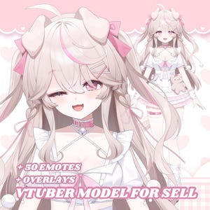 Op de afbeelding: Een digitale illustratie van een anime-stijl personage met lang lichtroze haar, hondenoren en roze ogen. Het personage draagt een witte outfit met ruches, roze linten en een halsband. Tekst: + 50 EMOTES + OVERLAYS VTUBER MODEL FOR SELL.