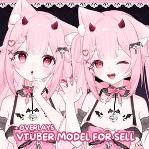 以下が含まれることがあります： ピンクの髪、猫耳、小さな角を持つ2人のアニメ風キャラクター。ハートや十字架のアクセサリーが付いた黒とピンクの衣装を着用。下部のテキストは「+ OVERLAYS VTUBER MODEL FOR SELL」と書かれています。キャラクターの目は赤色です。