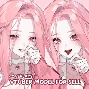 May include: Two digital illustrations of a character with long pink hair, pink eyes, and a white choker with a heart pendant. The character wears a pink top and is shown in two poses. Text reads: + OVERLAYS VTUBER MODEL FOR SELL.