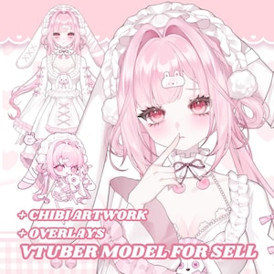 May include: Digital artwork of a pink-haired anime-style character with red eyes, wearing a white dress and bunny ears. The image includes text that reads "+ Chibi Artwork + Overlays Vtuber Model For Sell."