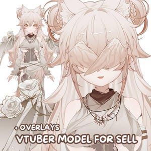 Peut inclure: Une illustration de personnage de style anime avec de longs cheveux clairs, des oreilles d'animal et une tenue superposée avec des roses blanches. Le texte indique : OVERLAYS VTUBER MODEL FOR SELL. Le personnage a des yeux ambrés et un collier.