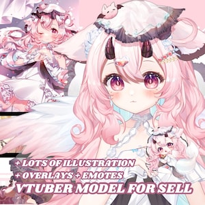 May include: A digital illustration of a pink-haired anime character with horns, wearing a white ruffled outfit and a headpiece. The text reads: + LOTS OF ILLUSTRATION + OVERLAYS + EMOTES VTUBER MODEL FOR SELL. The character has large purple eyes.