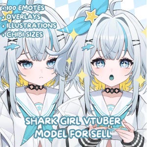 May include: Two anime-style illustrations of a character with light blue hair, wearing a white sailor-style outfit with a blue necktie and black choker. Text reads: 100 EMOTES, OVERLAYS, ILLUSTRATIONS, CHIBI SIZES, SHARK GIRL VTUBER MODEL FOR SELL.