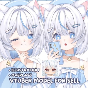 May include: A digital illustration of a character with white hair, cat ears, and blue eyes, wearing a light blue outfit with a cat-themed choker. The image includes text that reads: ILLUSTRATION, OVERLAYS, VTUBER MODEL FOR SELL.