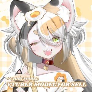May include: A digital illustration of a cat-eared character with white, black, and orange hair, wearing a dark collar with a small charm. The character has a fried egg accessory on their head and text reading +CHIBI MODEL VTUBER MODEL FOR SELL.