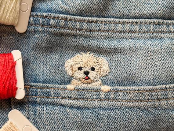 White dog hand embroidery pattern PDF + full process video (beginner friendly)