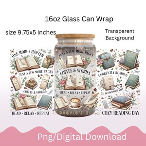 Adesivo per lattina in vetro a tema libri, design per sublimazione "Cozy Chapters", immagine PNG della tazza Libbey per amanti dei libri, download digitale.