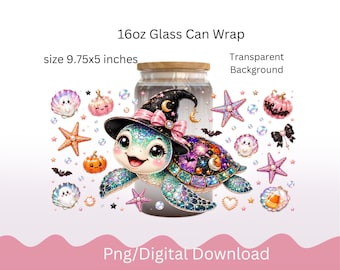 Halloween Sea Turtle Libbey Wrap PNG, Coastal Halloween Glass Can Wrap, Cute Spooky Beach 16oz Libbey Sublimation