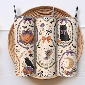 Cute Hand Drawn Halloween Coquette Bow  20oz Skinny Tumbler Wrap PNG,Ghost Cat Pumpkin Pattern Sublimation Design