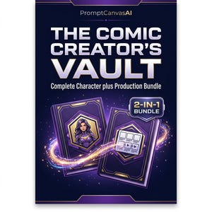 Op de afbeelding: Een promotieafbeelding voor de "THE COMIC CREATOR'S VAULT" bundel. Het ontwerp toont twee gestileerde boeken met gouden randen, een superheldinnenillustratie en een pictogram voor de productie-indeling. De tekst bevat "Complete Character plus Production Bundle" en "2-IN-1 BUNDLE".