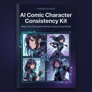 Op de afbeelding: Een boekomslag met de titel "AI Comic Character Consistency Kit" en de slogan "Keep Your Characters Perfect Across Every Panel." De omslag toont vier panelen van een vrouwelijk anime-personage in verschillende poses, met een donkerblauw en blauwgroen kleurenschema.