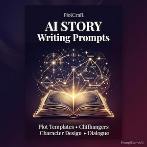 Puede incluir: Ilustración digital con el texto "AI STORY Writing Prompts". La imagen muestra un libro abierto brillante con las palabras "Plot Templates", "Cliffhangers", "Character Design" y "Dialogue". Una red de líneas y círculos rodea el libro.