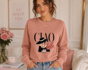 Sudadera Ciao Bella para amantes del café, cuello redondo con estampado italiano chic, regalo para ella.