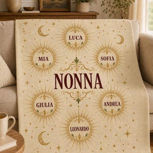 May include: A cream-colored throw blanket featuring the word NONNA in large dark red letters at the center. Surrounding the text are five circular sunburst designs, each containing a name: LUCA, MIA, SOFIA, GIULIA, ANDREA, and LEONARDO.